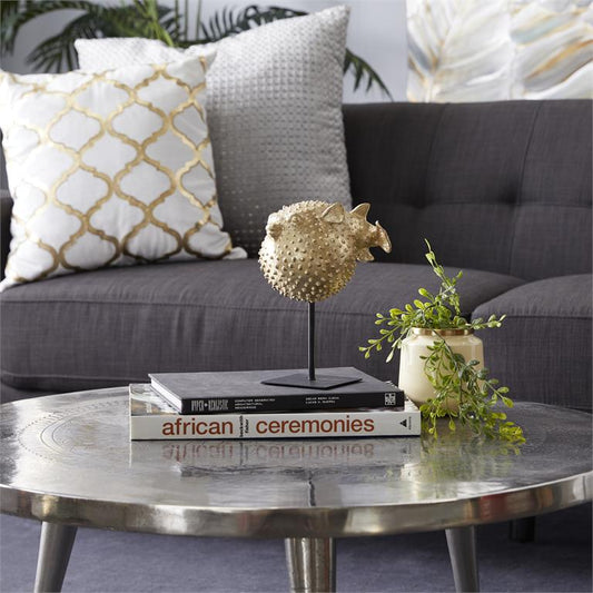 GOLD POLYRESIN BLOWFISH HANDMADE SPIKED SCULPTURE WITH STAND,