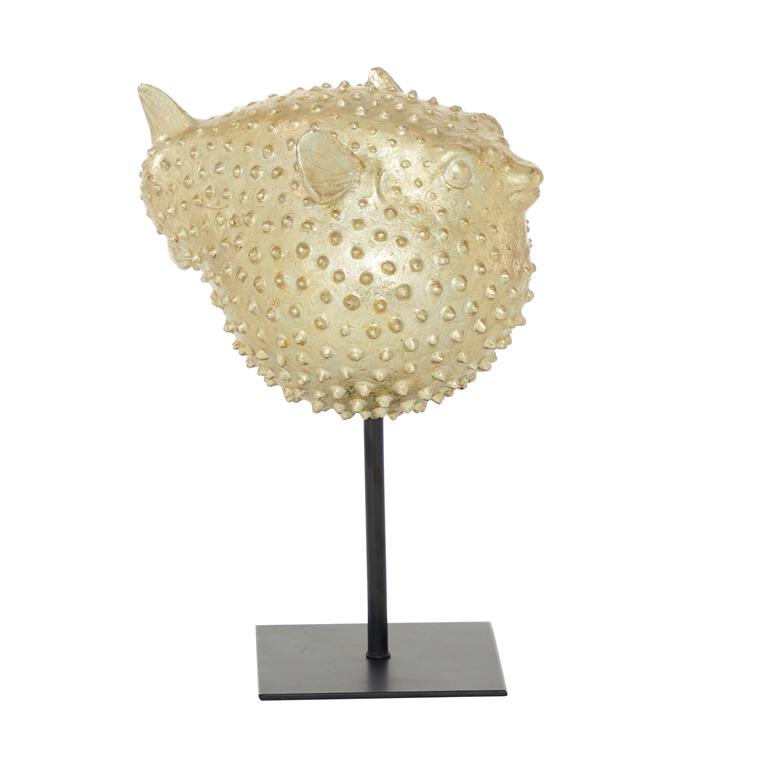GOLD POLYRESIN BLOWFISH HANDMADE SPIKED SCULPTURE WITH STAND,