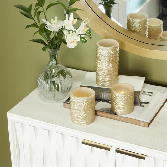 GOLD WAX TEXTURED FLAMELESS CANDLE WITH REMOTE CONTROL, SET OF 3