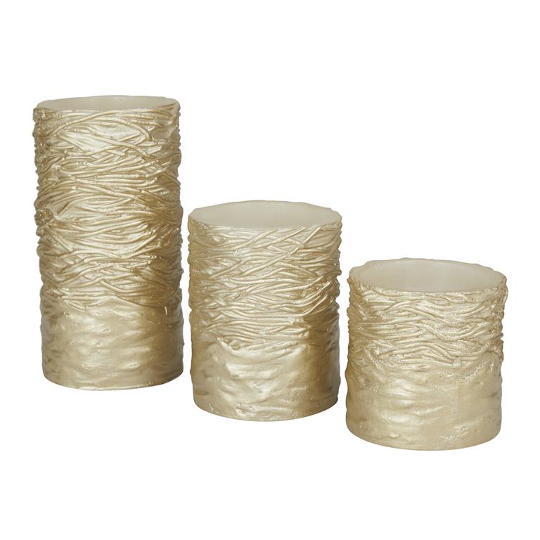 GOLD WAX TEXTURED FLAMELESS CANDLE WITH REMOTE CONTROL, SET OF 3