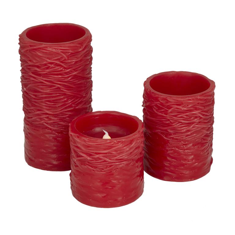 RED WAX TEXTURED FLAMELESS CANDLE WITH REMOTE CONTROL, SET OF 3 6", 4", 3"H