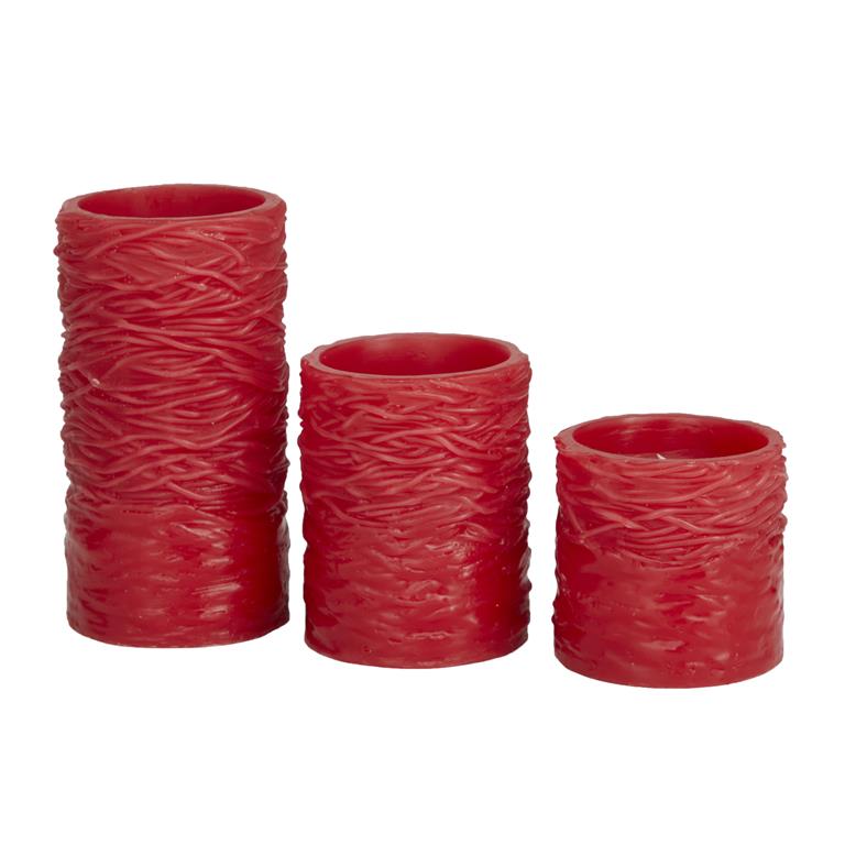 RED WAX TEXTURED FLAMELESS CANDLE WITH REMOTE CONTROL, SET OF 3 6", 4", 3"H