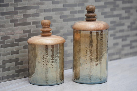 GOLD GLASS DECORATIVE JARS WITH WOOD LIDS