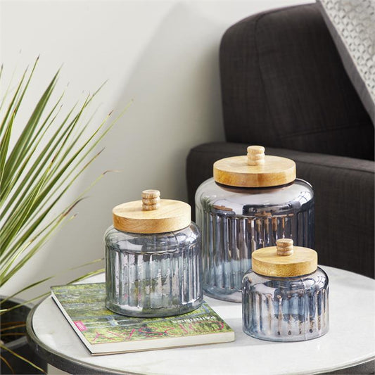 GRAY GLASS DECORATIVE JARS WITH WOOD LIDS
