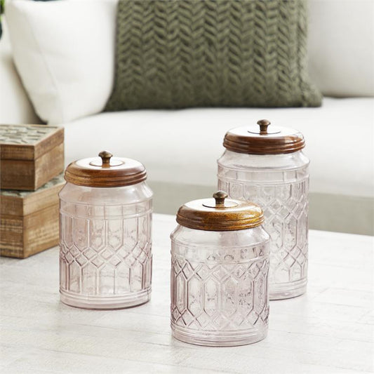 CLEAR GLASS DECORATIVE JARS WITH WOOD LIDS