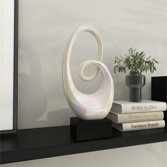 WHITE CERAMIC ABSTRACT SWIRL SCULPTURE WITH BLACK BASE