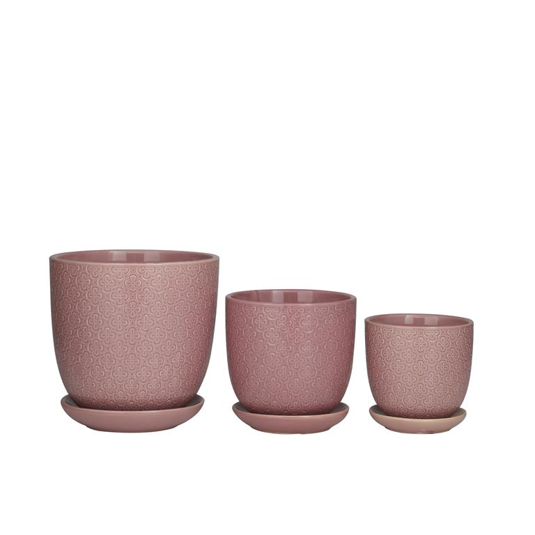 PINK PORCELAIN INDOOR OUTDOOR PLANTER WITH ATTACHED SAUCER