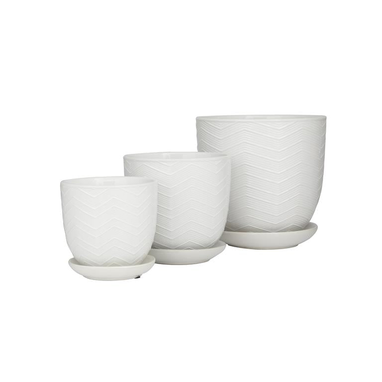 WHITE PORCELAIN INDOOR OUTDOOR PLANTER WITH ATTACHED SAUCER