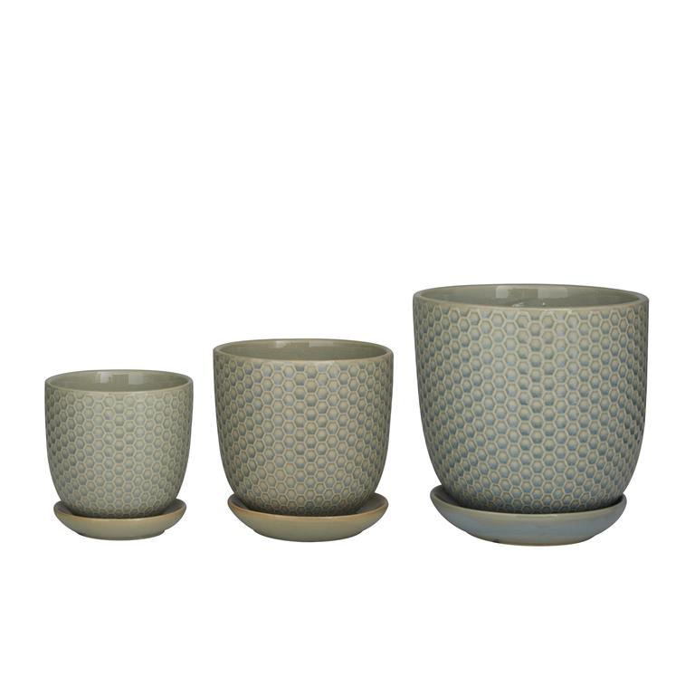 LIGHT GRAY PORCELAIN INDOOR OUTDOOR PLANTER WITH ATTACHED SAUCER