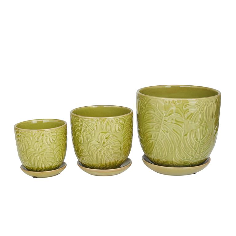 GREEN PORCELAIN INDOOR OUTDOOR PLANTER WITH ATTACHED SAUCER