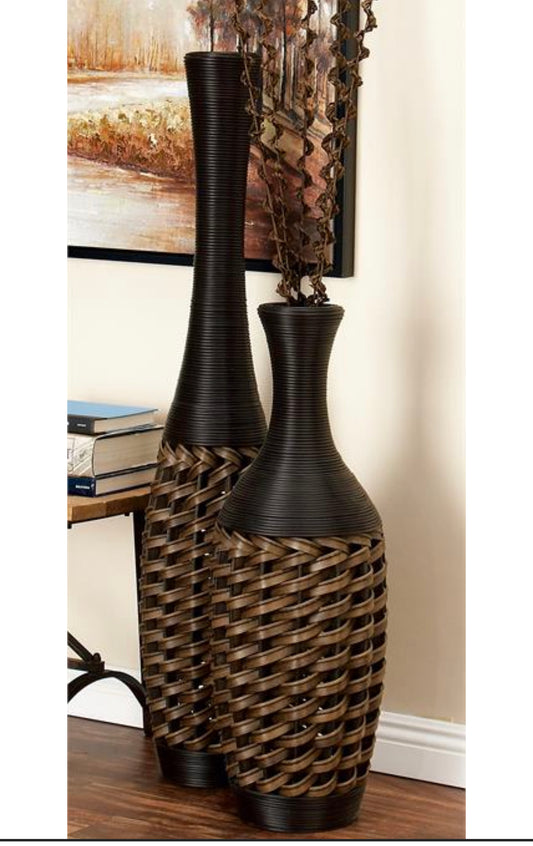BROWN RATTAN TALL WOVEN FLOOR VASE