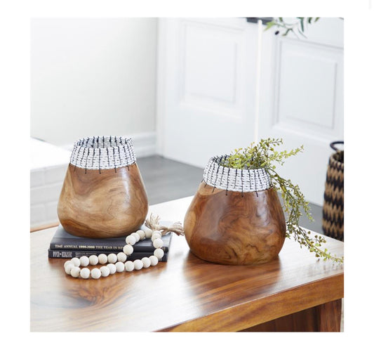 1 PIECE BROWN WOOD HANDMADE DECORATIVE BOWL WITH WHITE SEAGRASS ACCENTS