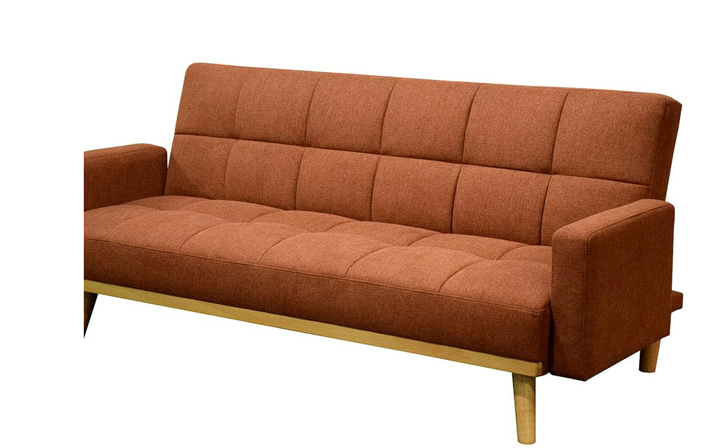 Cheyenne terracotta woven fabric sofa futon bed with tufted backs wood trim