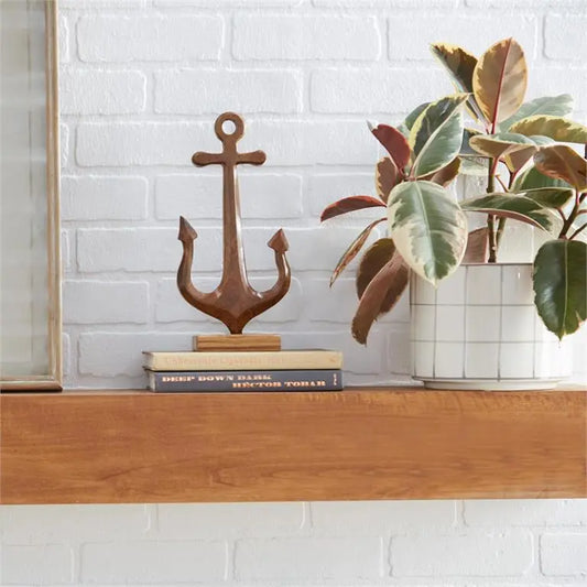 Brown Teak Wood Coastal Anchor Sculpture