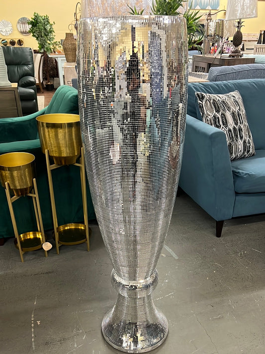 SILVER POLYSTONE TALL CHAMPAGNE FLUTE SHAPE VASE WITH MOSAIC MIRROR INLAY
