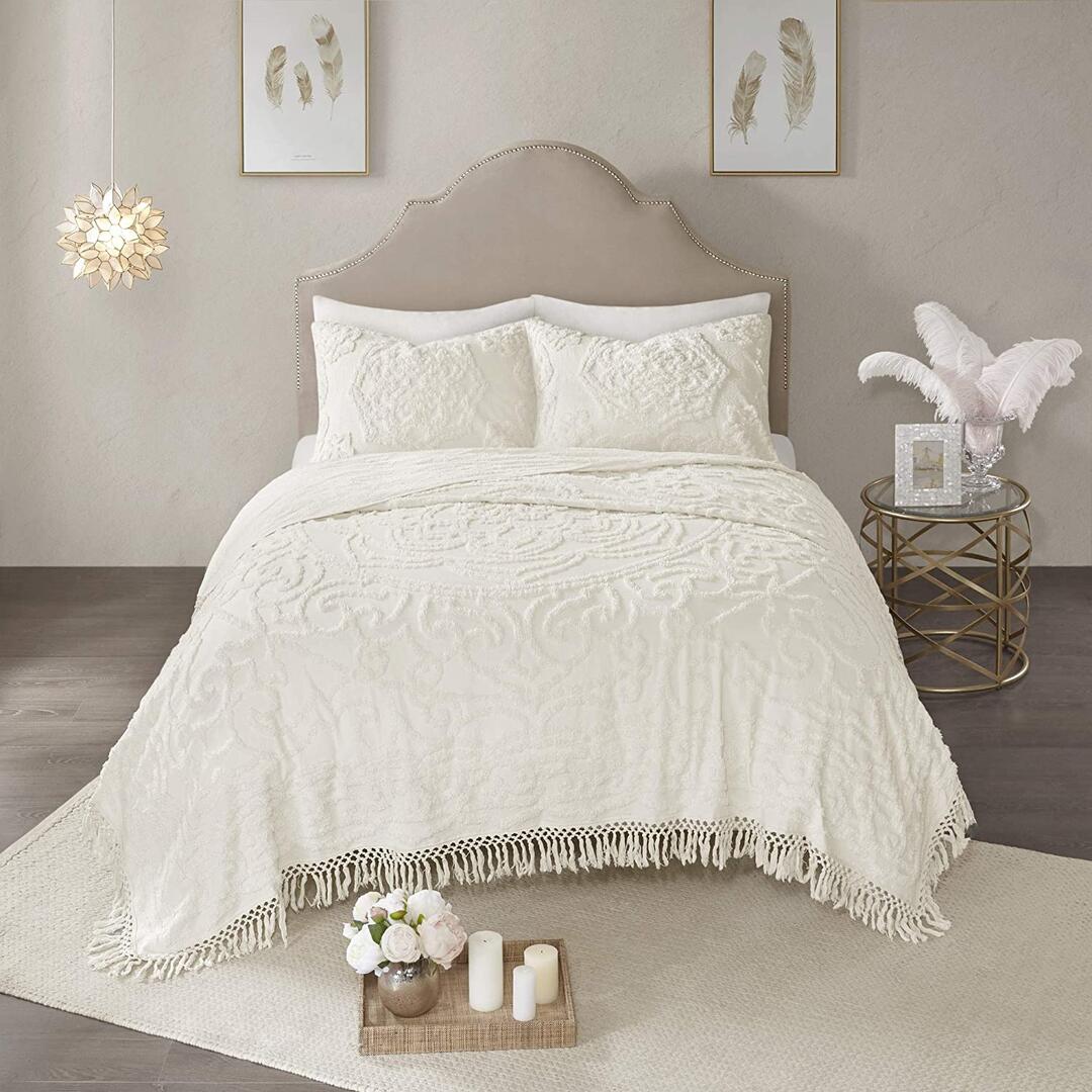 Madison Park Laetitia 3-Piece Coverlet Set with Stitch Channel Quilting, Soft Microfiber Quilted in Ivory Color