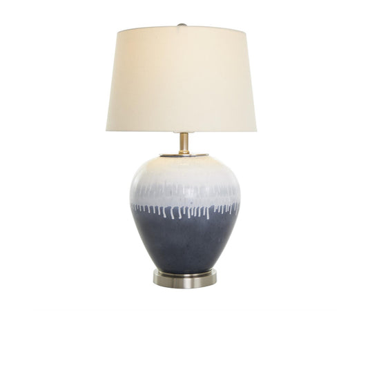 BLUE GLASS COLORBLOCK ABSTRACT DRIP ACCENT LAMP WITH CREAM ACCENT AND SILVER BASE, 14" X 14" X 25"