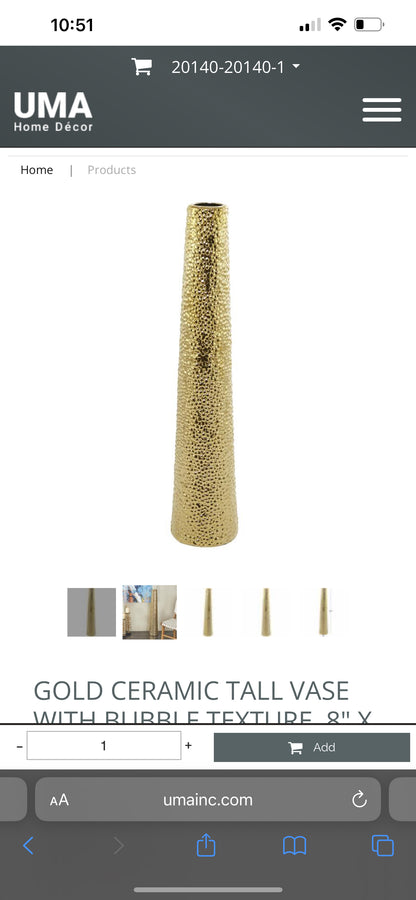 WHITE CERAMIC TALL VASE WITH BUBBLE TEXTURE, 8" X 8" X 39"