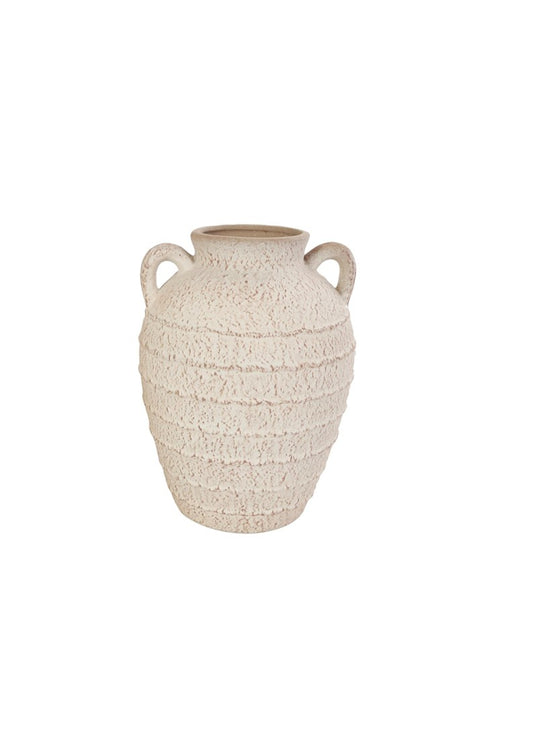 Cream Ceramic Textured Decorative Vase with Handles and Terracotta Accents