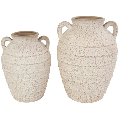 Cream Ceramic Textured Decorative Vase with Handles and Terracotta Accents