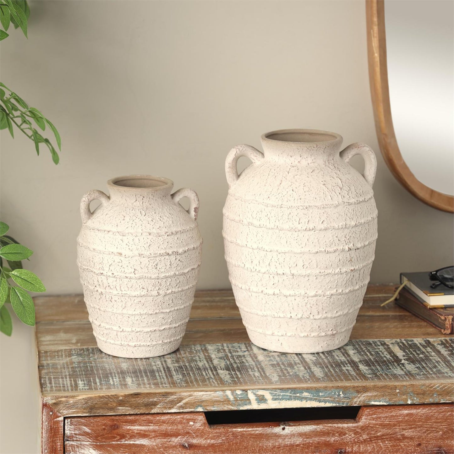 Cream Ceramic Textured Decorative Vase with Handles and Terracotta Accents