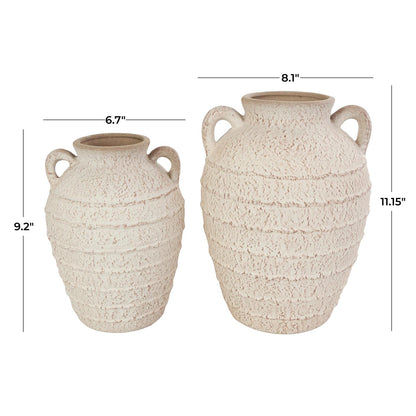 Cream Ceramic Textured Decorative Vase with Handles and Terracotta Accents