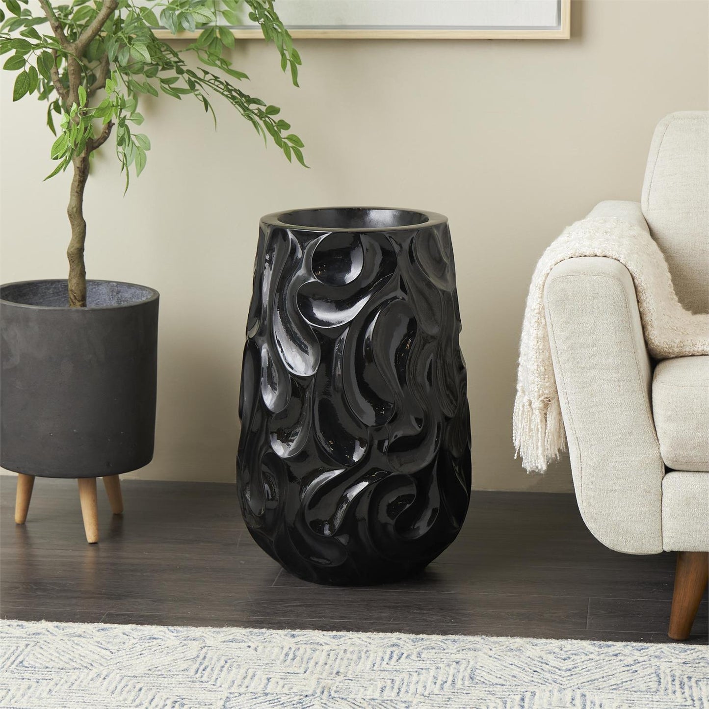 Black Resin Abstract Large Wavy Textured Floor Decorative Vase