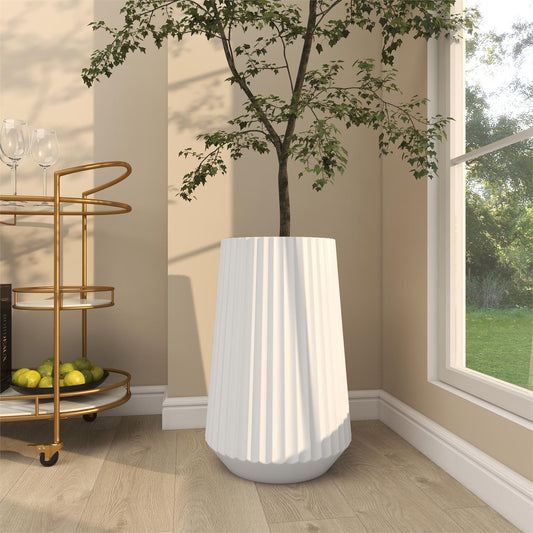 White Resin Large Fluted Floor Decorative Vase