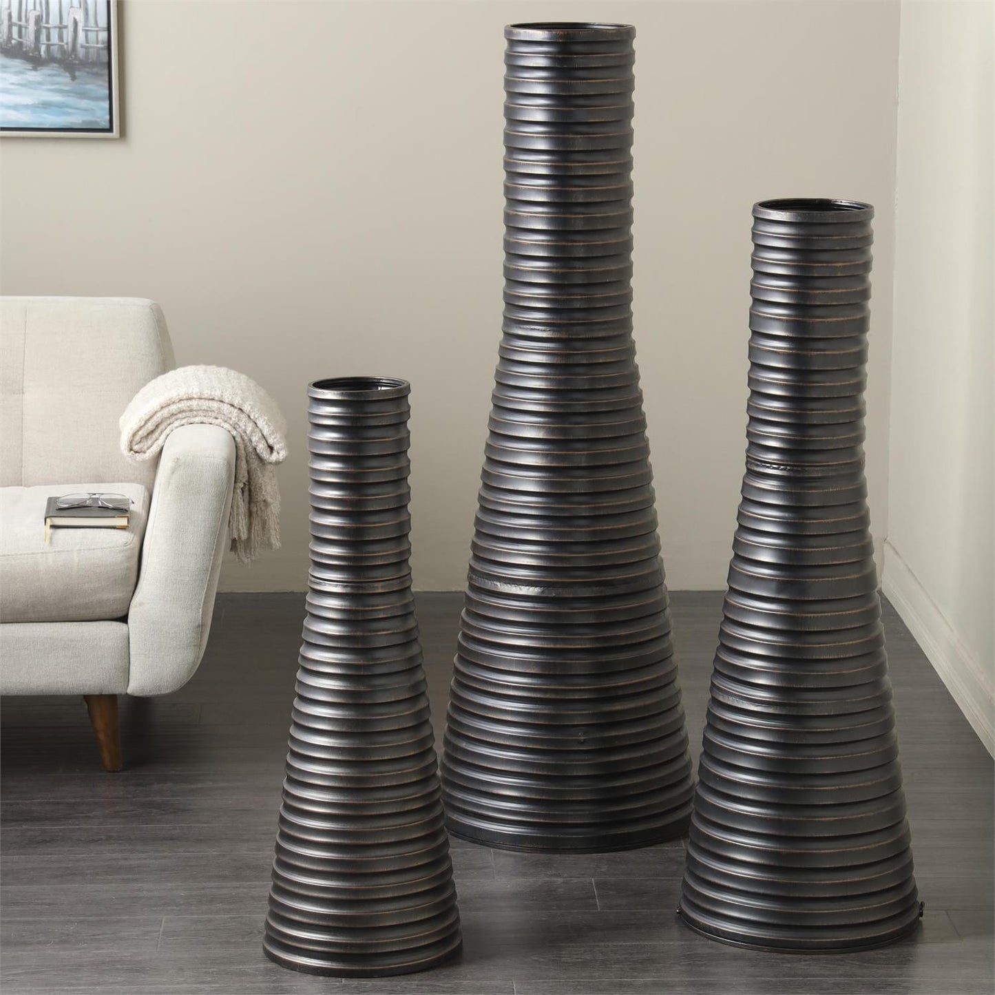 Bronze Metal Ribbed Tall Cone Floor Decorative Vase with Horizontal Grooves
