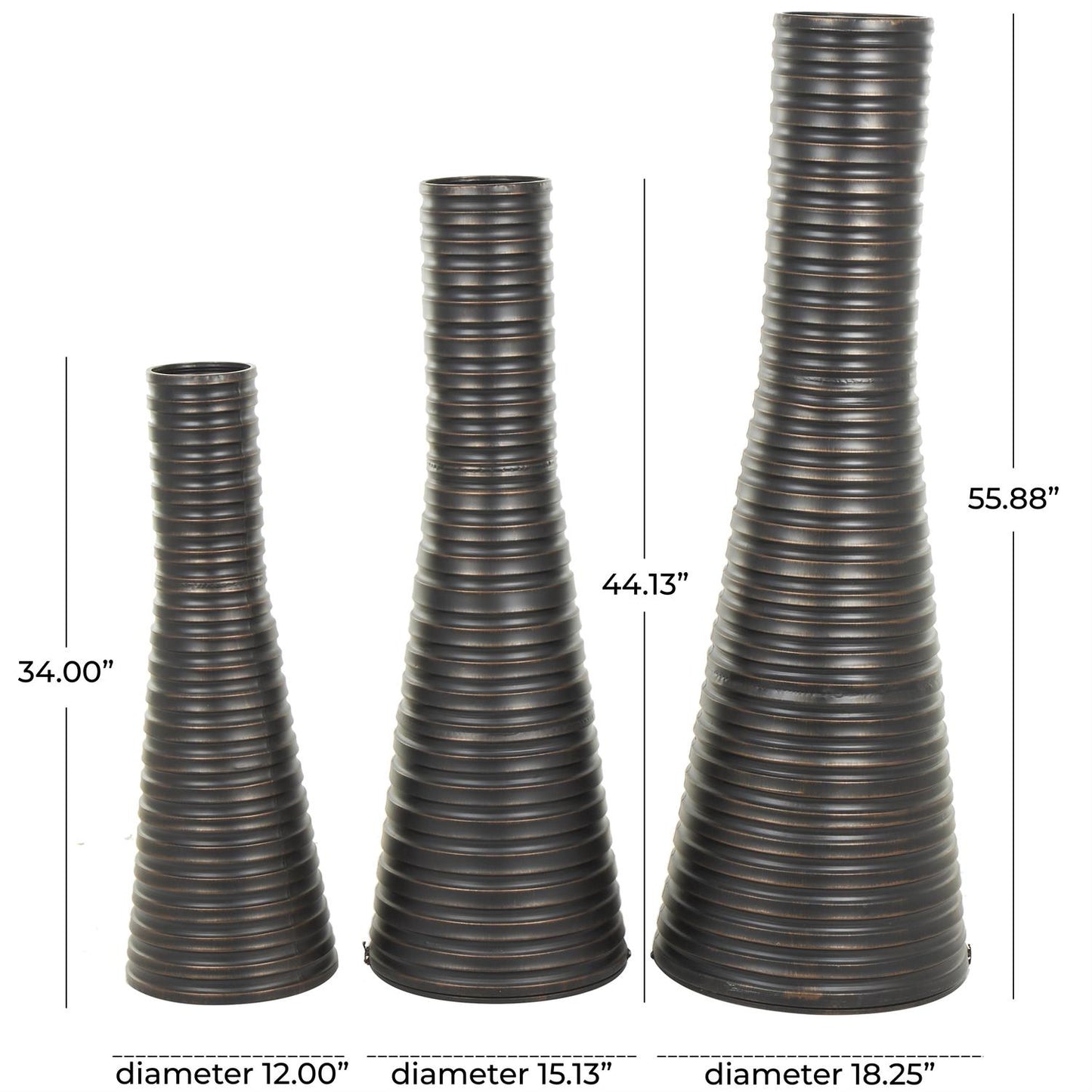 Bronze Metal Ribbed Tall Cone Floor Decorative Vase with Horizontal Grooves