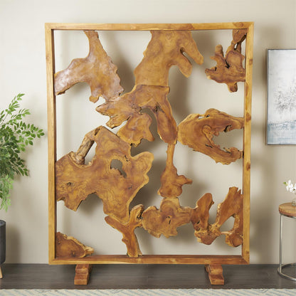 Brown Teak Wood Handmade Tall Live Edge Freestanding Partition Room Divider Screen with Large Tree Trunk Pieces