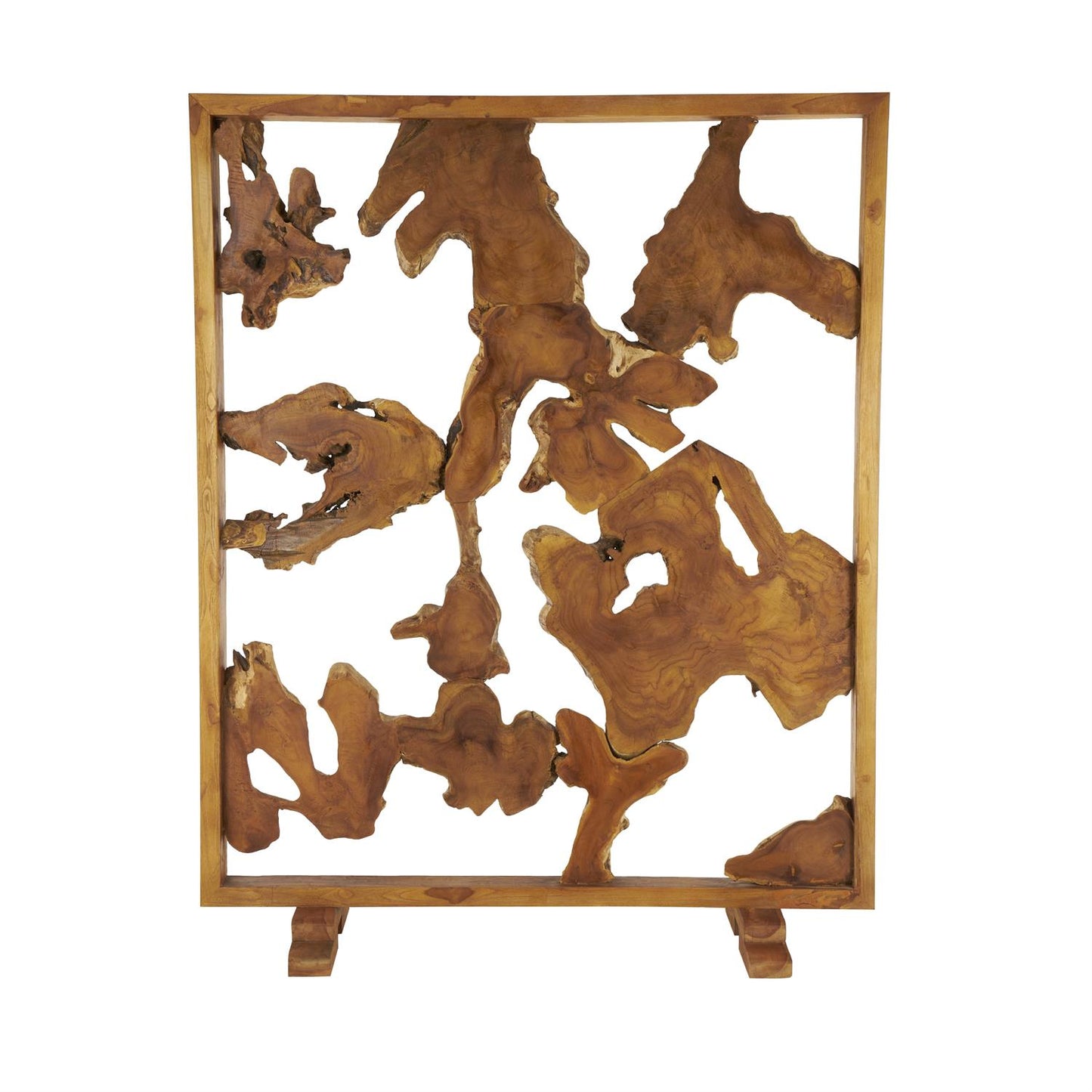 Brown Teak Wood Handmade Tall Live Edge Freestanding Partition Room Divider Screen with Large Tree Trunk Pieces