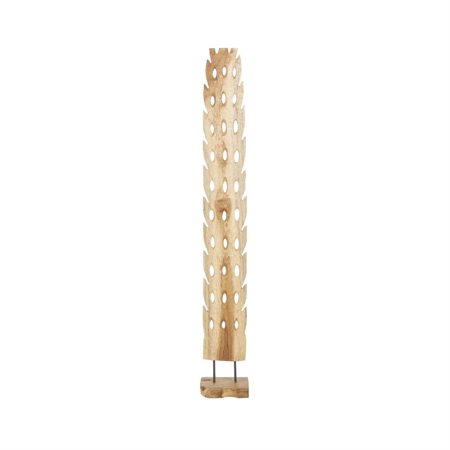 Brown Teak Wood Abstract Handmade Tall Floor Cutout Post Decorative Sculpture with Live Edge Base
