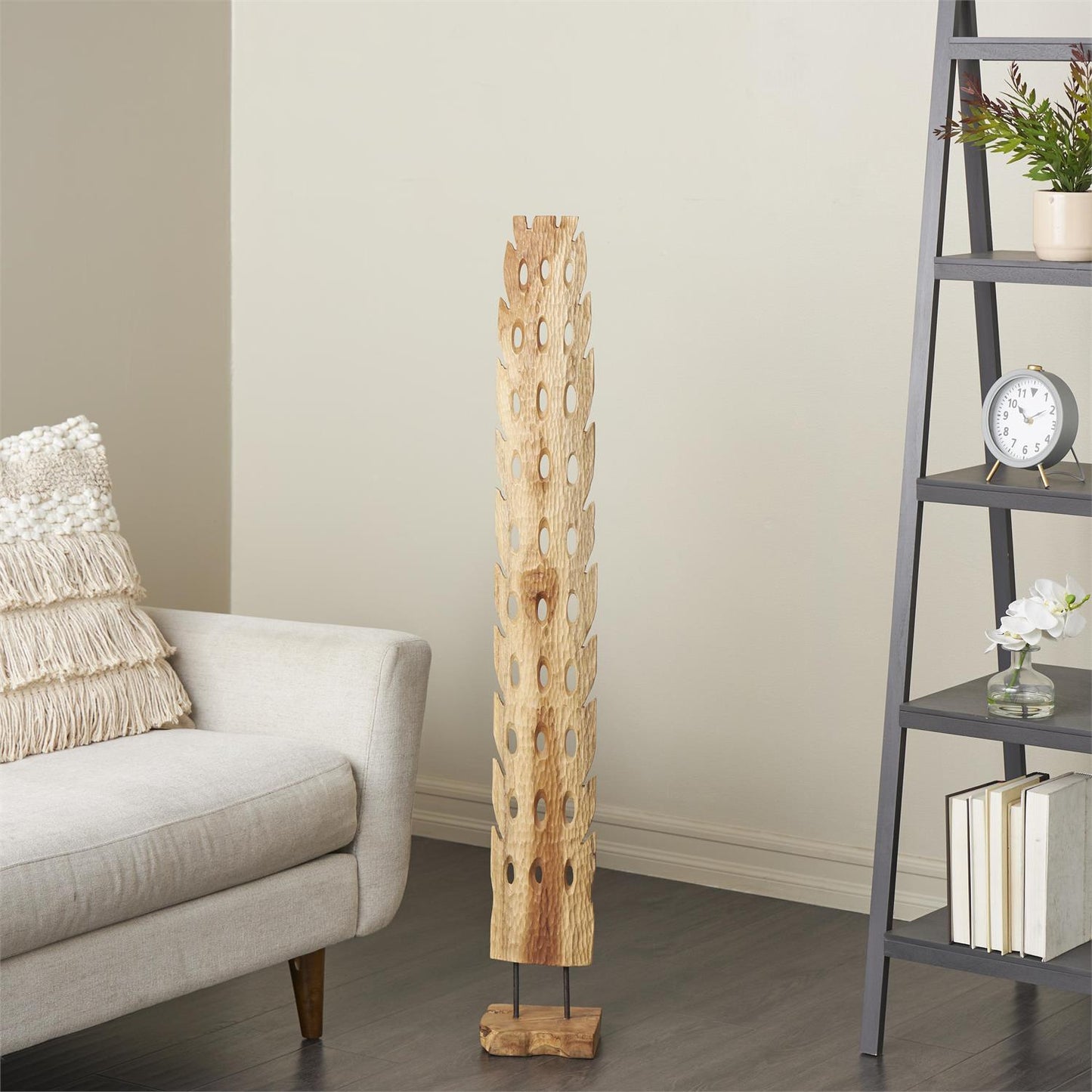 Brown Teak Wood Abstract Handmade Tall Floor Cutout Post Decorative Sculpture with Live Edge Base