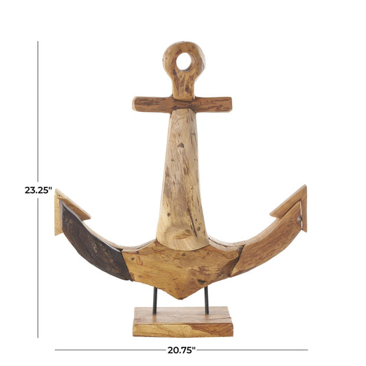 Brown Teak Wood Anchor Handmade Decorative Sculpture with Mosaic Live Edge Pieces