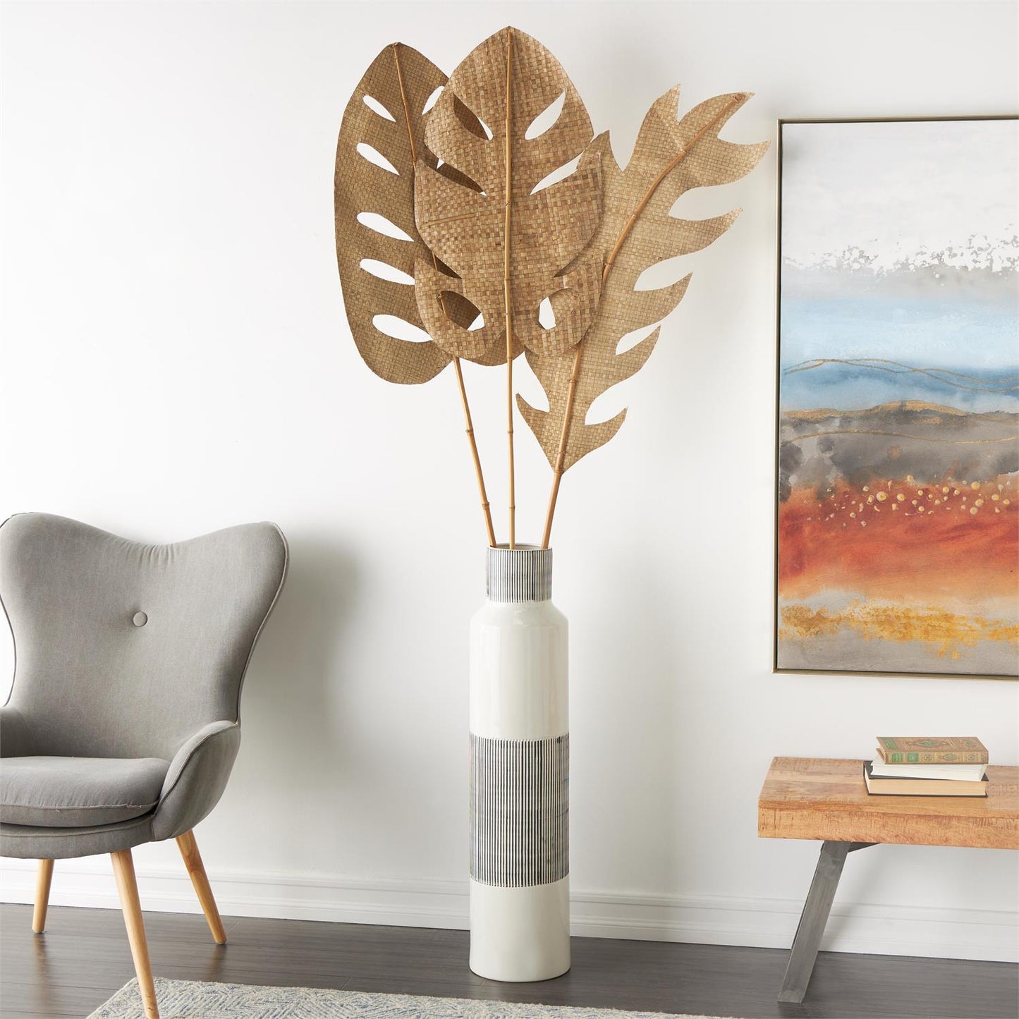 Light Brown Bamboo Wood Palm Tree Handmade Tall Tassel Leaf Fan Stick Home Decor Natural Foliage