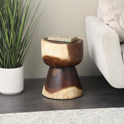 Brown Wood Handmade Hourglass Side End Accent Table with Natural Wood Grain