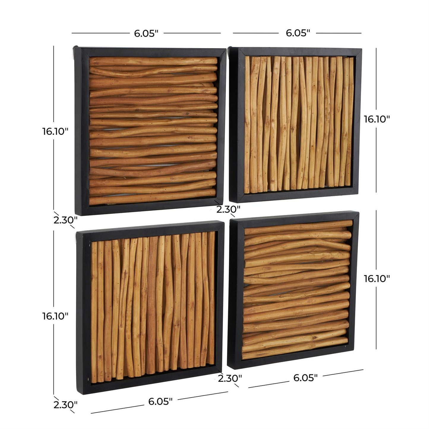 Brown Teak Wood Abstract Handmade Home Wall Decor with Horizontal Sticks and Black Frames