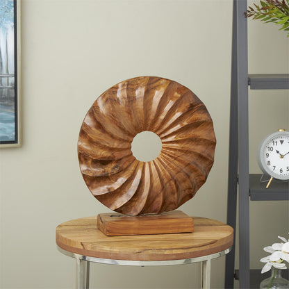 Brown Teak Wood Sun Handmade Dimensional Circular Decorative Sculpture with Center Cutout