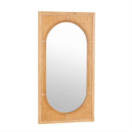 Brown Rattan Room Wall Mirror with Oval Center