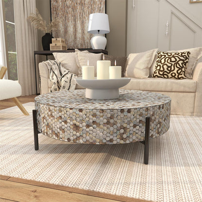 Gray Mother of Pearl Shell Geometric Handmade Mosaic Inlay Living Room Coffee Table with Black Metal Legs