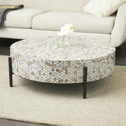 Gray Mother of Pearl Shell Geometric Handmade Mosaic Inlay Living Room Coffee Table with Black Metal Legs