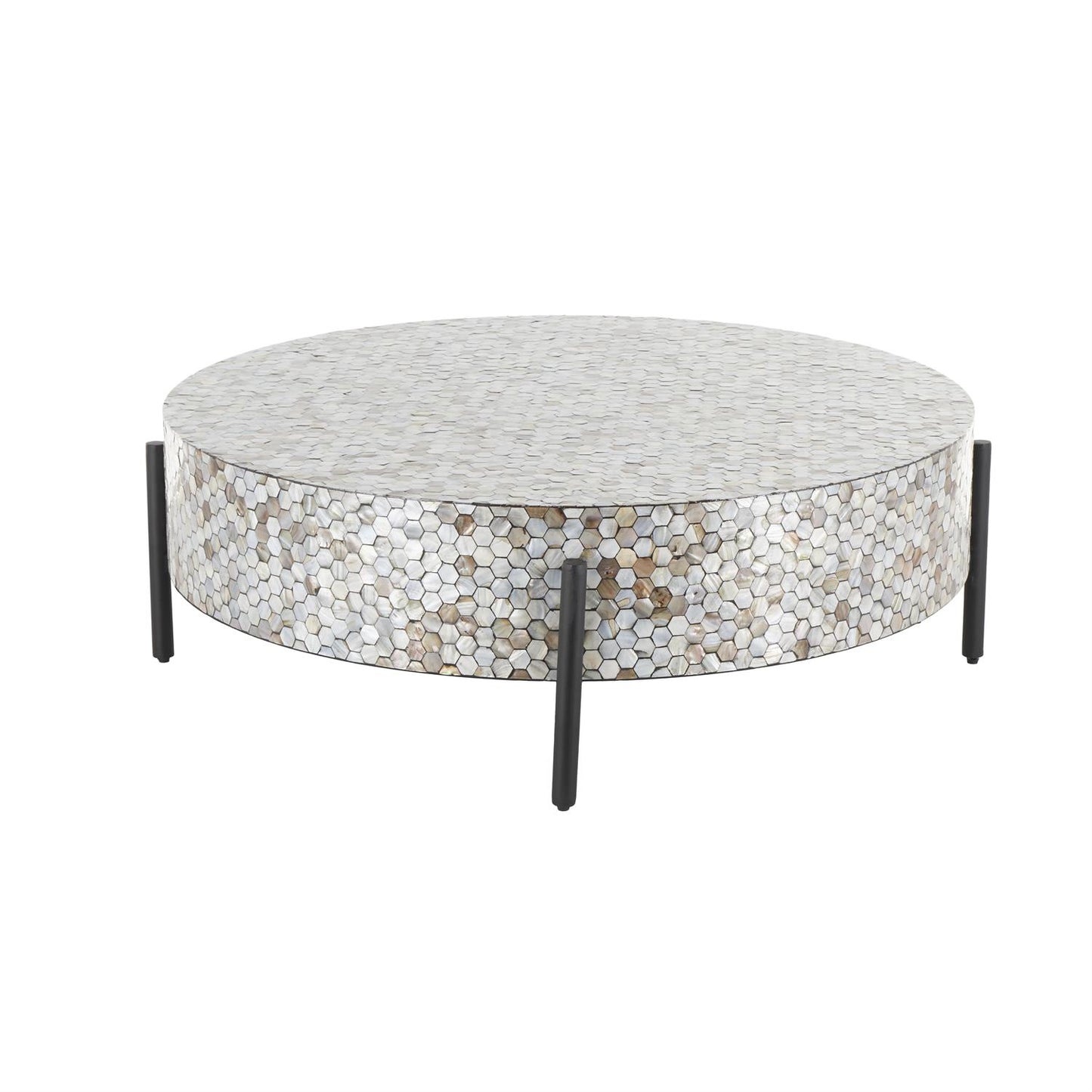 Gray Mother of Pearl Shell Geometric Handmade Mosaic Inlay Living Room Coffee Table with Black Metal Legs