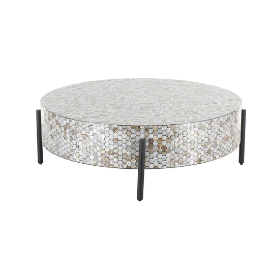 Gray Mother of Pearl Shell Geometric Handmade Mosaic Inlay Living Room Coffee Table with Black Metal Legs