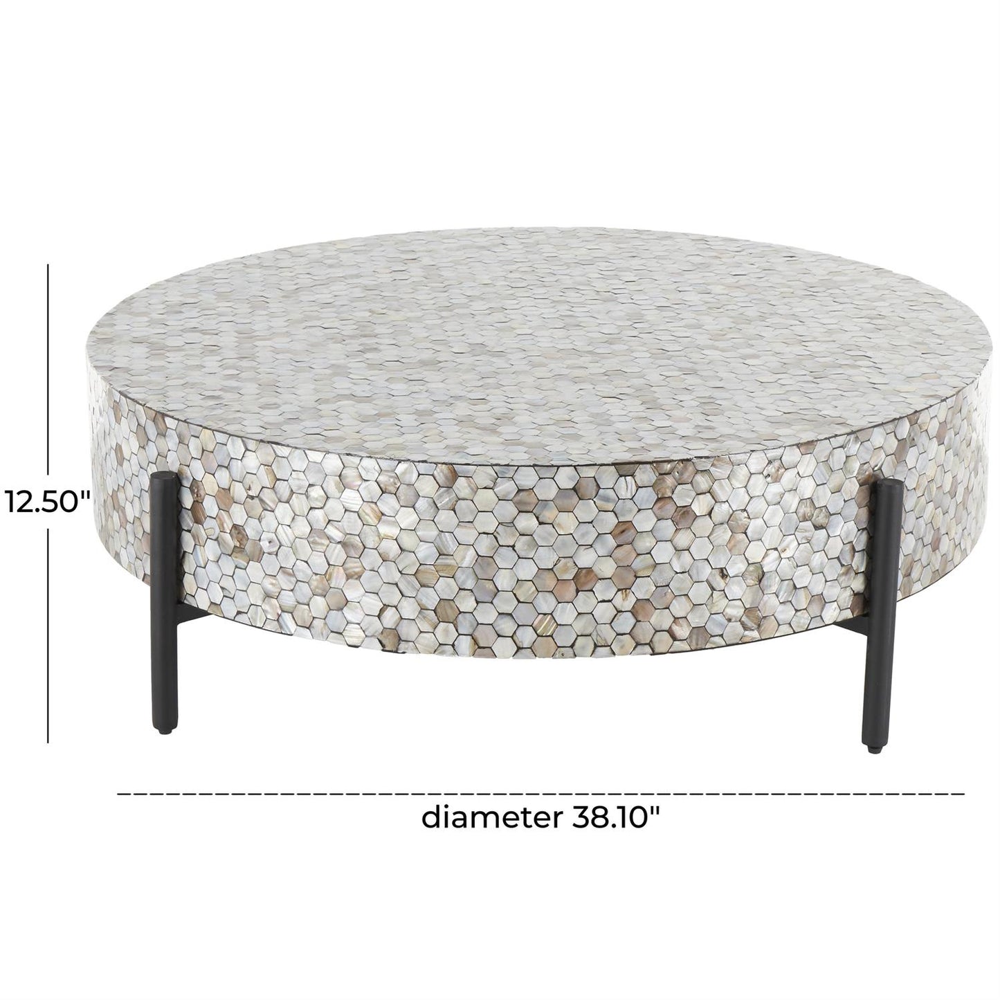 Gray Mother of Pearl Shell Geometric Handmade Mosaic Inlay Living Room Coffee Table with Black Metal Legs