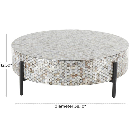 Gray Mother of Pearl Shell Geometric Handmade Mosaic Inlay Living Room Coffee Table with Black Metal Legs