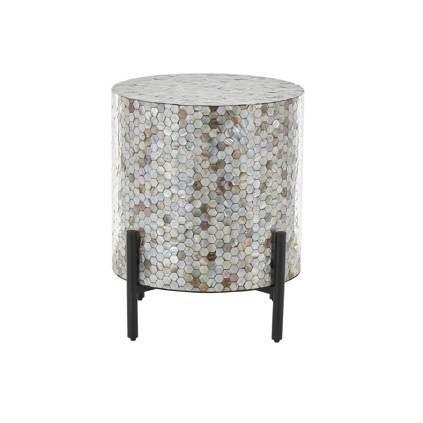 Gray Mother of Pearl Shell Geometric Handmade Mosaic Inlay Living Room Coffee Table with Black Metal Legs