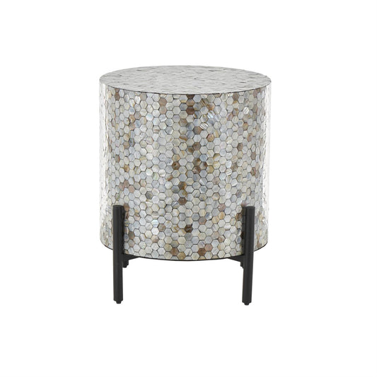 Gray Mother of Pearl Shell Geometric Handmade Mosaic Inlay Living Room Coffee Table with Black Metal Legs