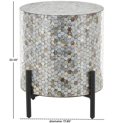 Gray Mother of Pearl Shell Geometric Handmade Mosaic Inlay Living Room Coffee Table with Black Metal Legs