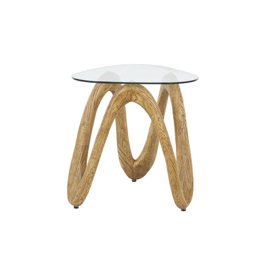 Light Brown Polystone Abstract Wood Grain Inspired Wavy Side End Accent Table with Glass Tabletop